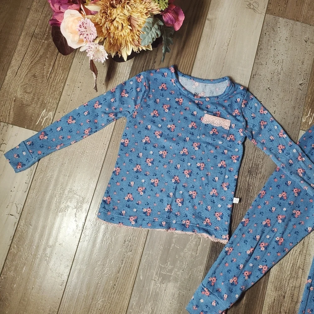 Daisy Fuentes Blue & Pink Floral Matching Pajama PJ Set Toddler Girl Size 3T EUC